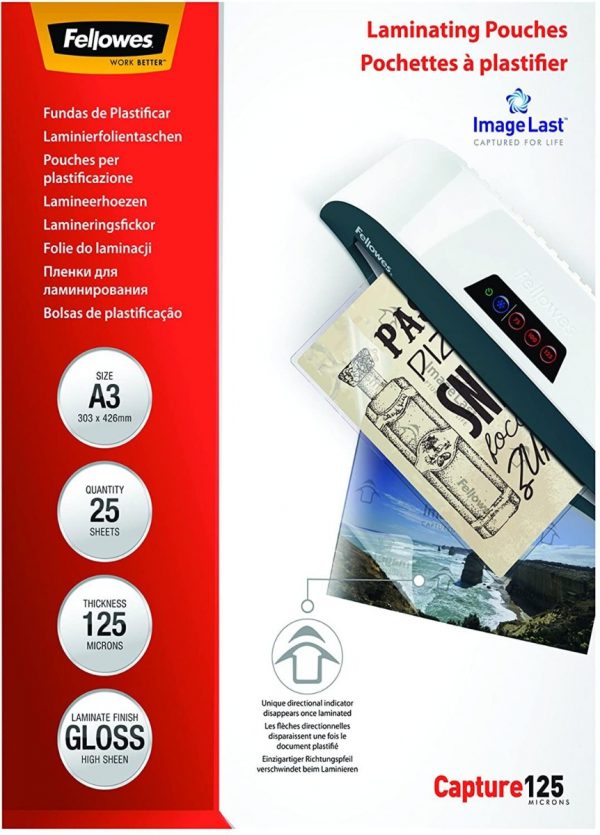Fellowes  A3 125 Micron - Adhesive Back Glossy Laminating Pouches (100 Pack)